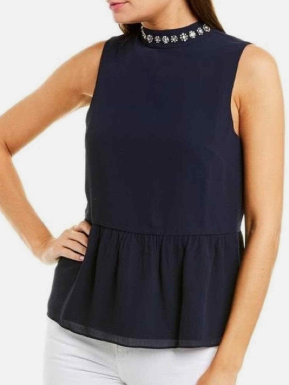 J. Crew Navy Sleeveless Peplum Top with Jeweled Collar Size S
